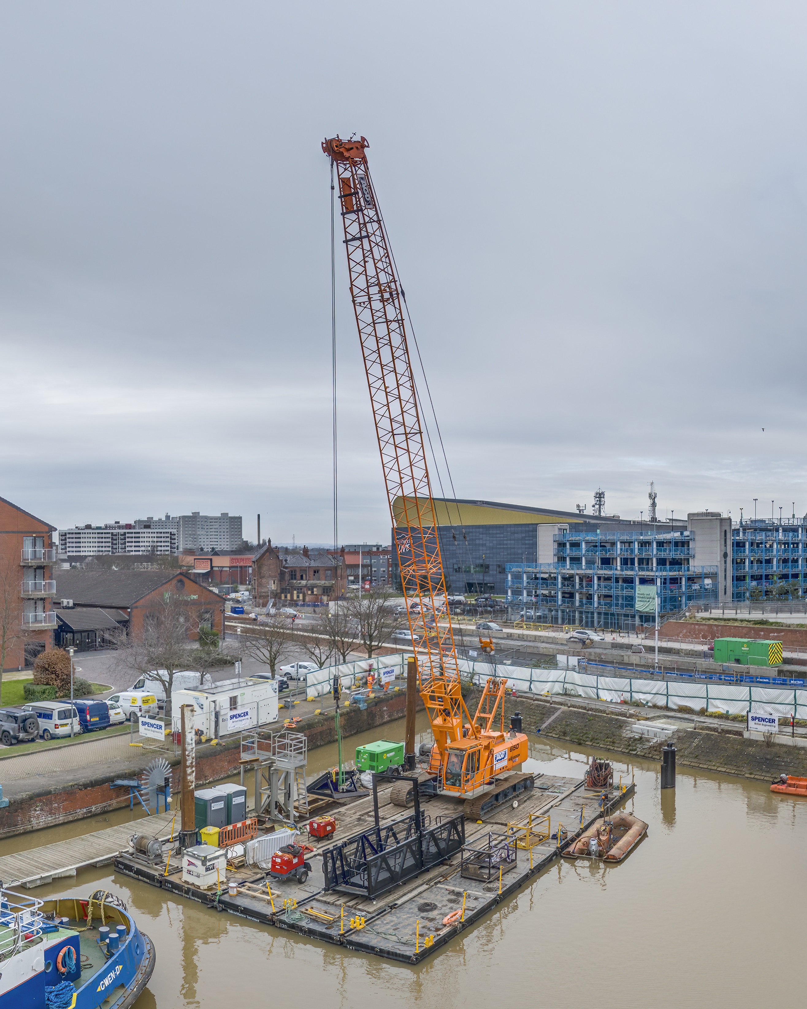 Sennebogen 650HD crawler crane on barge